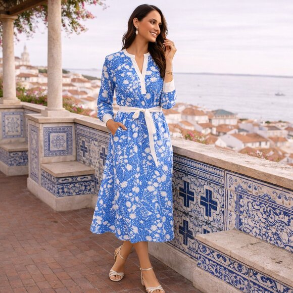 Talbots Dresses & Skirts - Capri Blue & White Dancing Flowers Belted Fit & Flare Shirtdress - NEW